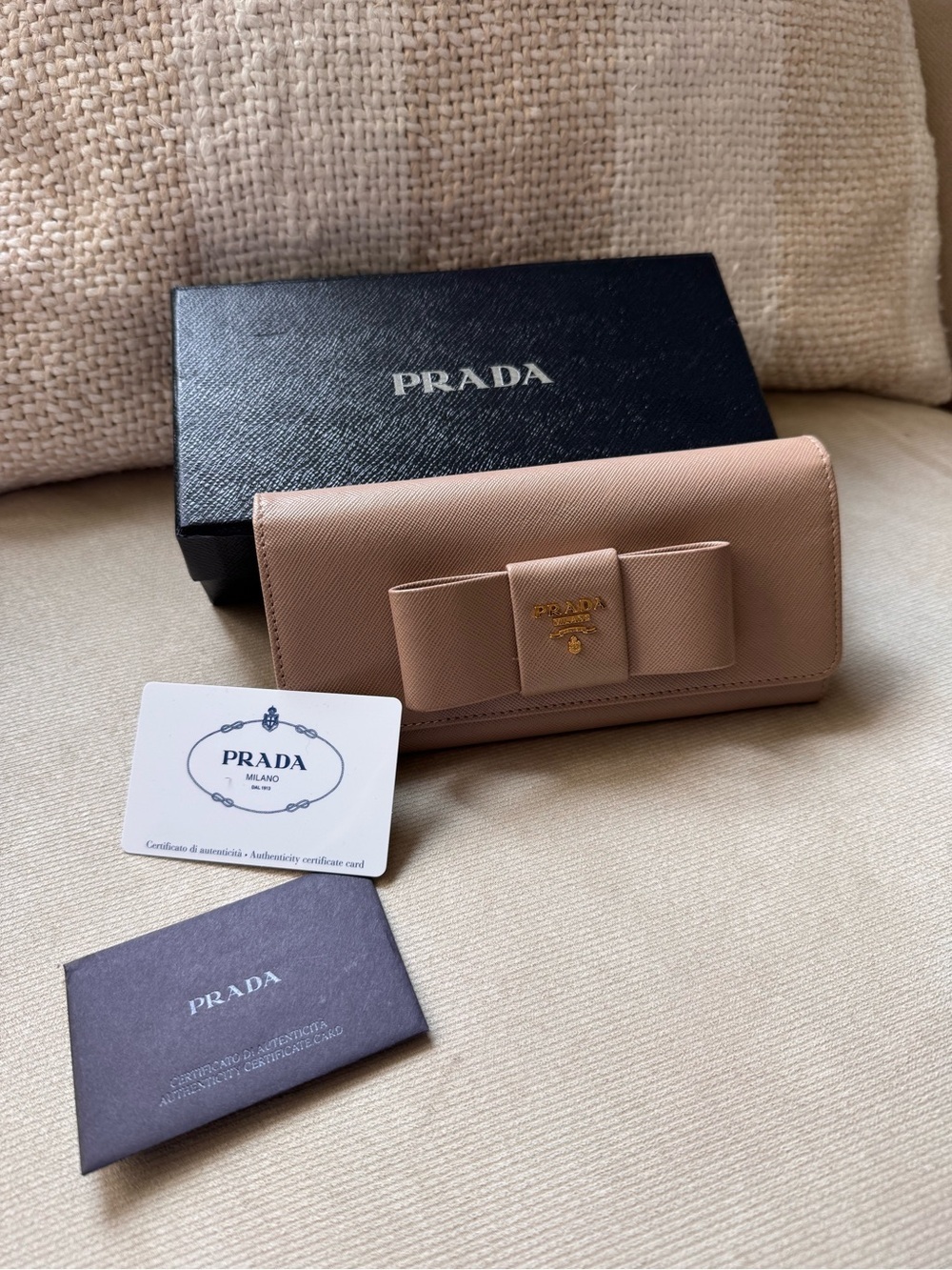 Prada Saffiano Fiocco Bow Continental Wallet Cammeo